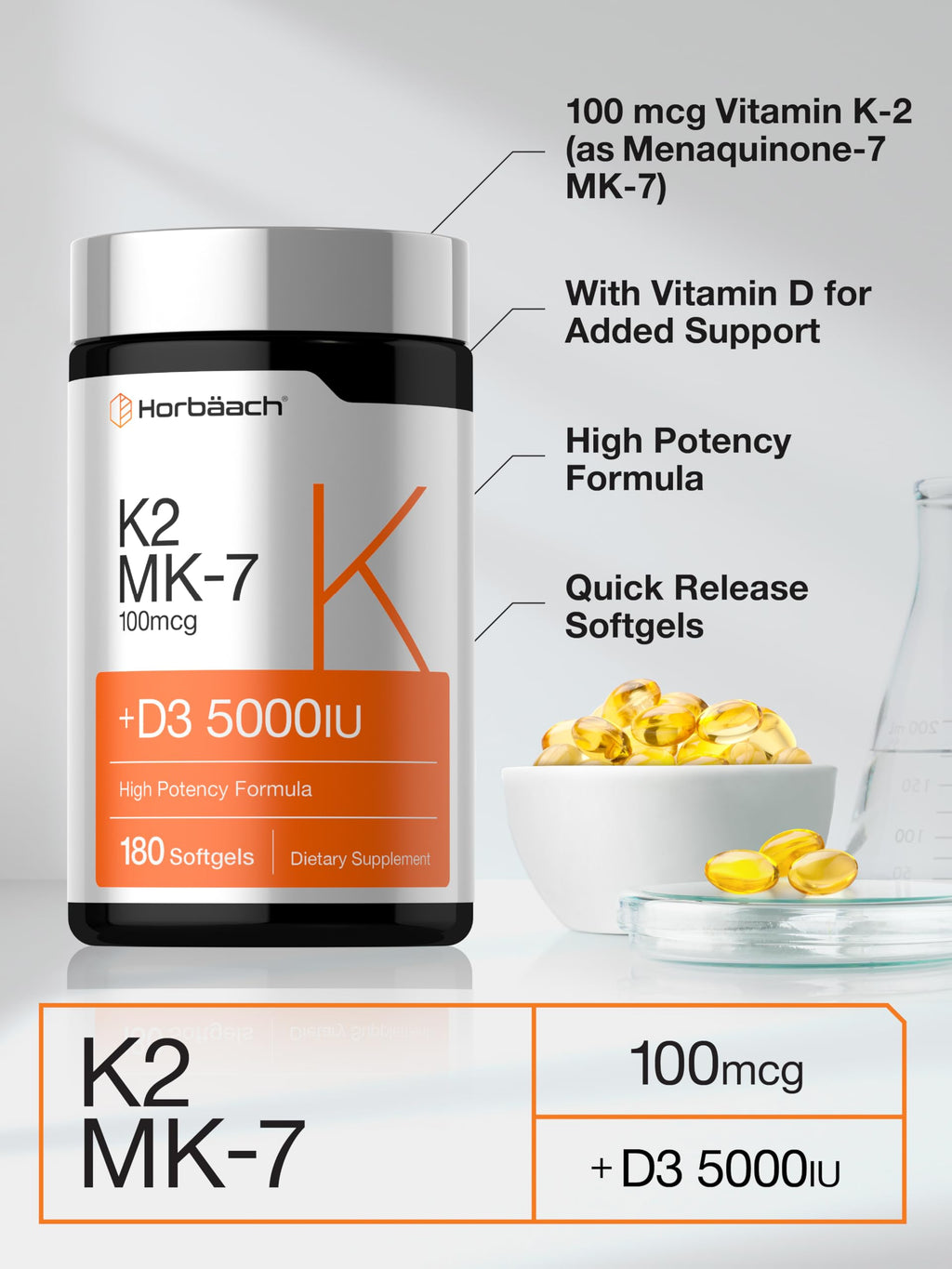 Horbäach Vitamin D3 K2 5000 iu | 100mcg MK-7 Complex | 180 Softgel Capsules | Non-GMO & Gluten Free Supplement
