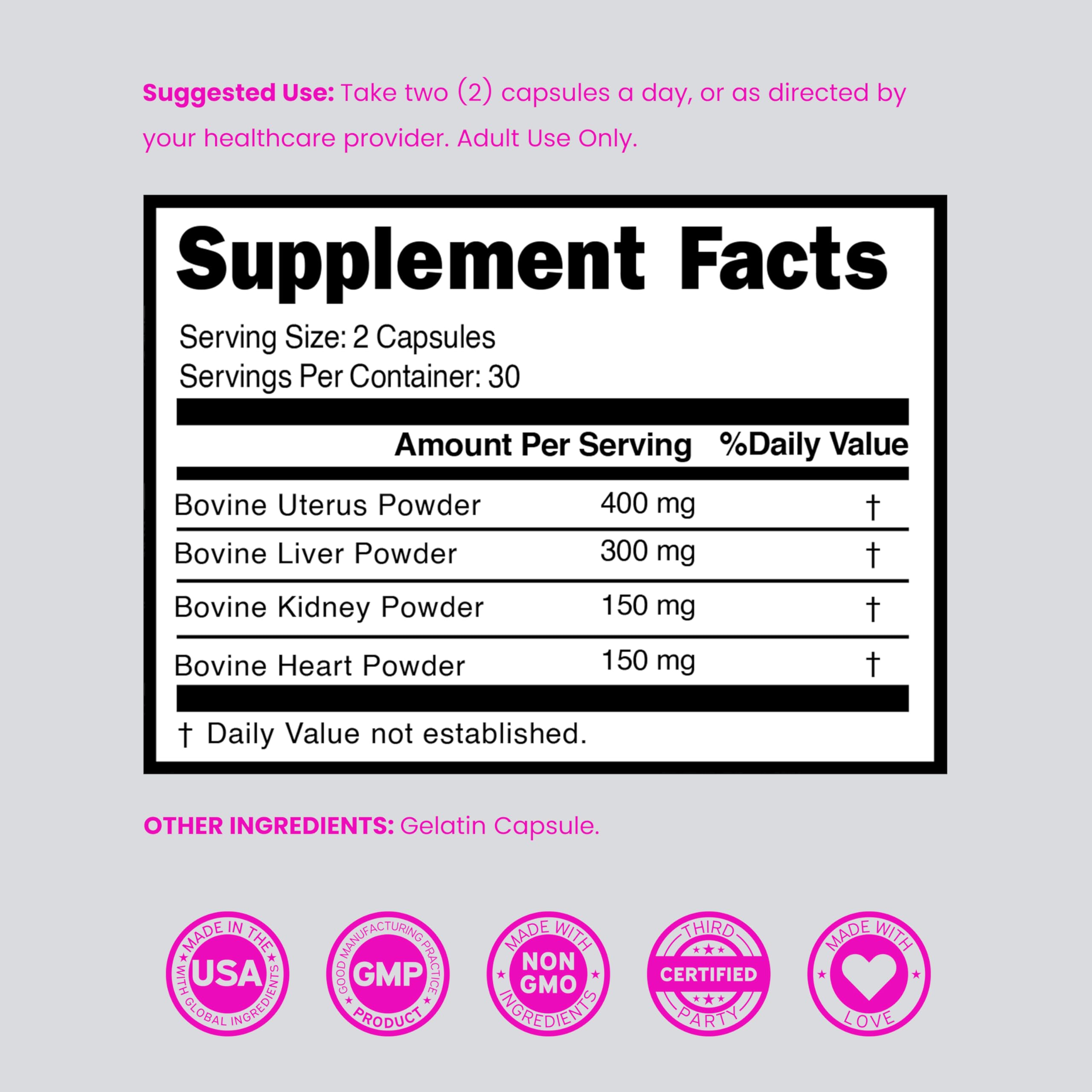 Beef Organ Supplement for Women - Grass Fed Beef Liver, Heart, Kidney & Uterus 1000mg