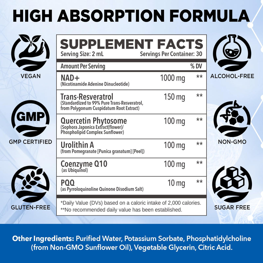 NATISLAND Liposomal NAD Supplement, 1000mg NAD+ Liquid Drops for Women & Men, with Resveratrol, Urolithin A, Quercetin, CoQ10 & PQQ, for Cellular & Metabolism Health, Energy & Anti-Aging, 2 Fl Oz NATISLAND Au supplements