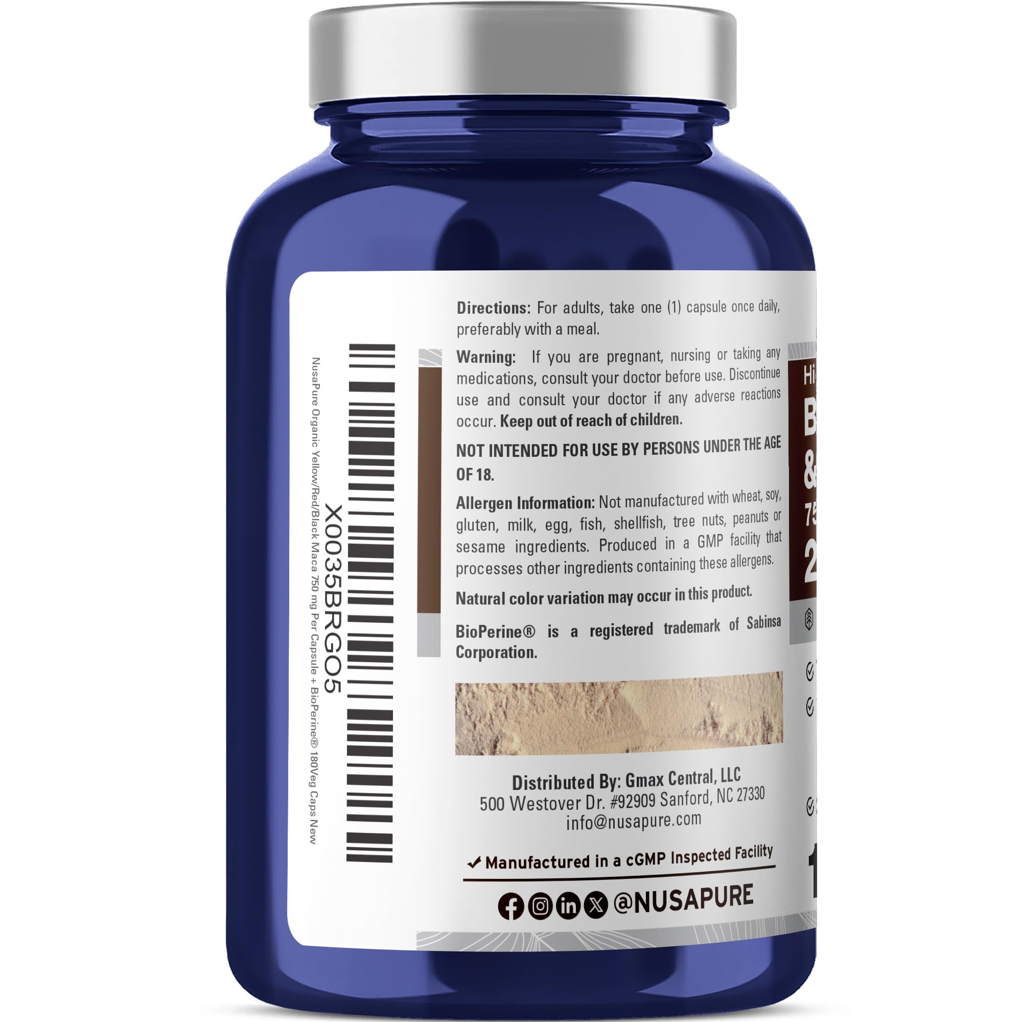 NusaPure Maca Root Black, Red, Yellow 20,000mg - 180 Vegan Capsules (Vegan,Non-GMO, Gluten Free) Bioperine NusaPure Au supplements