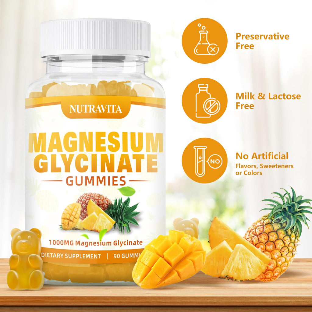 Magnesium Glycinate Gummies 1000mg with Magnesium L-Threonate,Chelated Magnesium Potassium Complex Supplement with VitD, B6, CoQ10, Calcium,Supports for Memory, Calm,