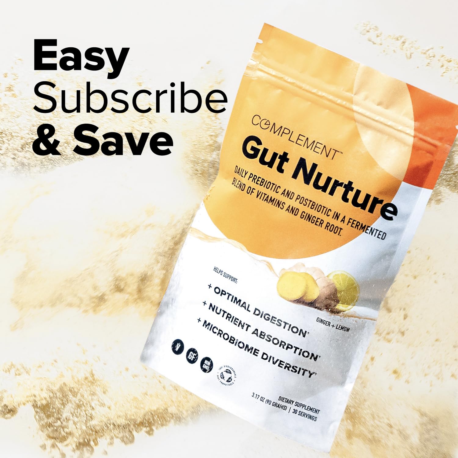 Complement Gut Nurture Prebiotic + Postbiotic Superfood Powder for Leaky Gut Repair, Probiotics for Digestive Health - Ginger Root - 30 Servings Complement Au supplements