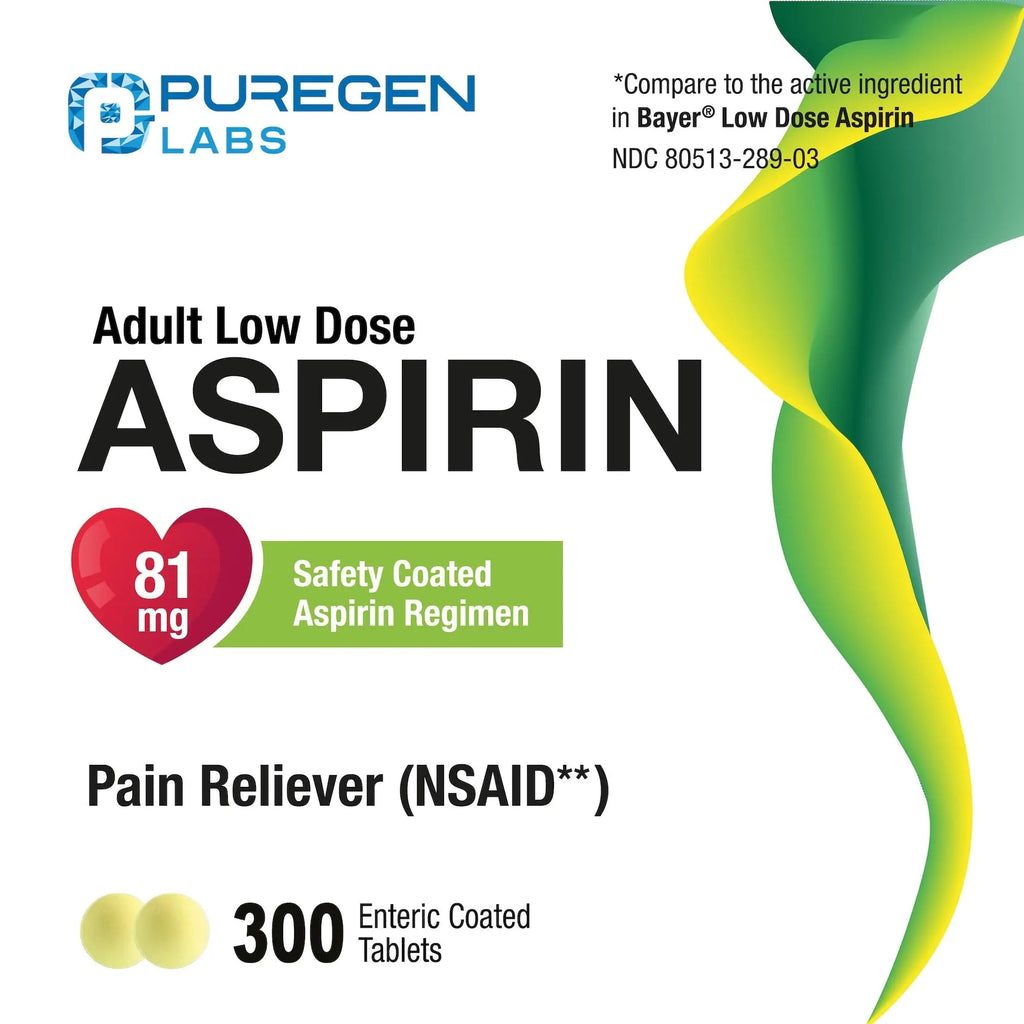 Puregen Labs Aspirin 81 mg Low Dose (NSAID) – 300 Enteric Coated Tablets P Puregen Labs Au supplements