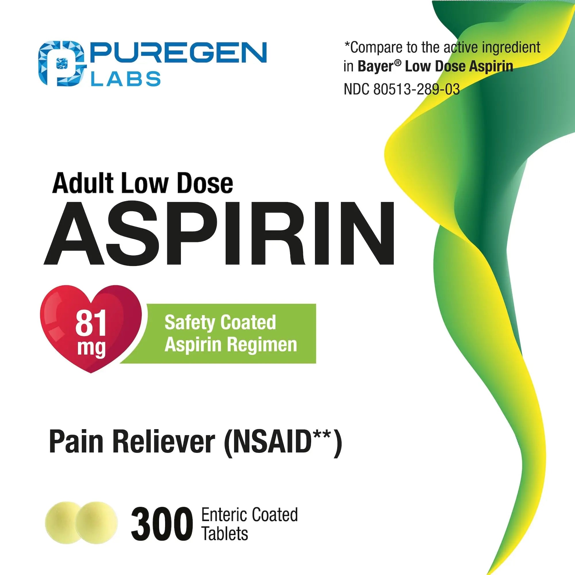 Puregen Labs Aspirin 81 mg Low Dose (NSAID) – 300 Enteric Coated Tablets P Puregen Labs Au supplements