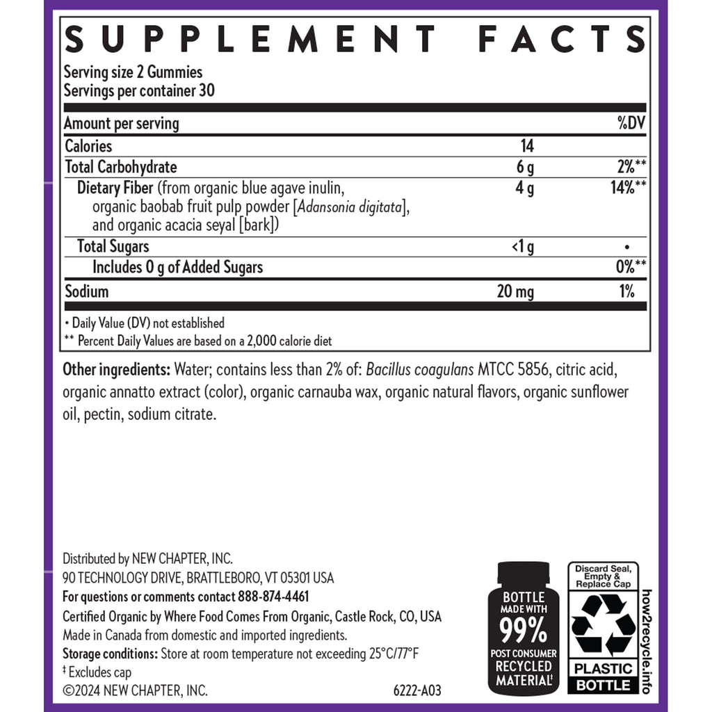 New Chapter Organic Fiber Gummies for Adults & Kids (Age 4+), Plant-Based Prebiotic Fiber for Digestive Health, Vegan, Non-GMO, USDA Organic