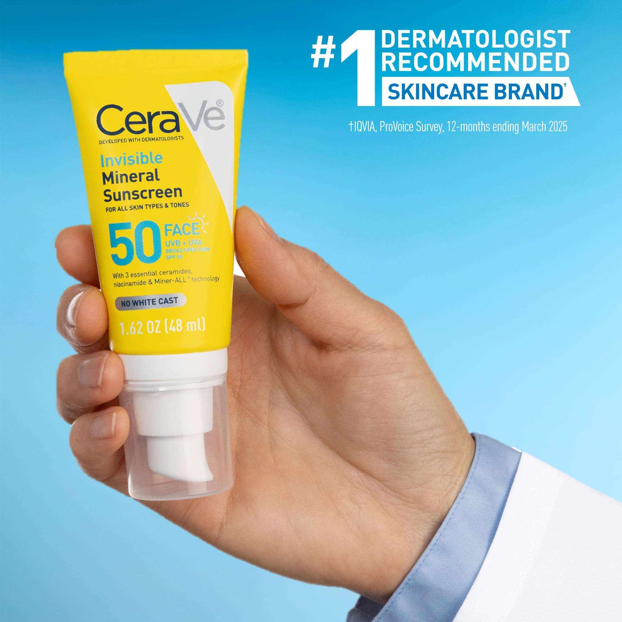 CeraVe Invisible Mineral Sunscreen SPF 50, Face Sunscreen for Sensitive Skin With Zinc Oxide & Titanium Dioxide, Vitamin E