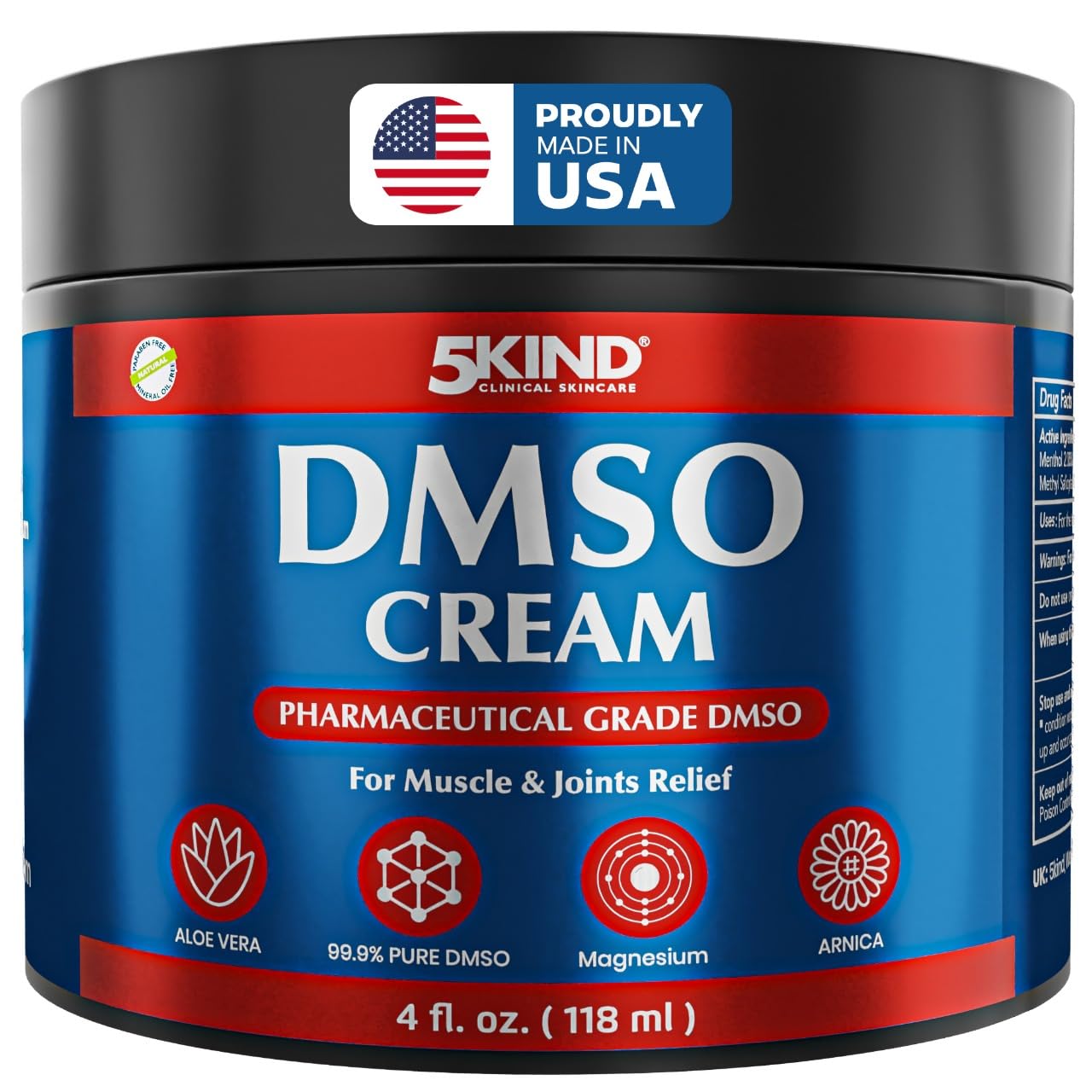 5Kind DMSO Cream for Pain Relief 4 fl oz - 99.9% Pure DMSO Pharmaceutical Grade Cream - Aloe Vera, Magnesium, Arnica & Menthol - Topical Muscle and Joint Pain Relief - Registered NDC - Made in USA 5kind clinical skincare Au supplements