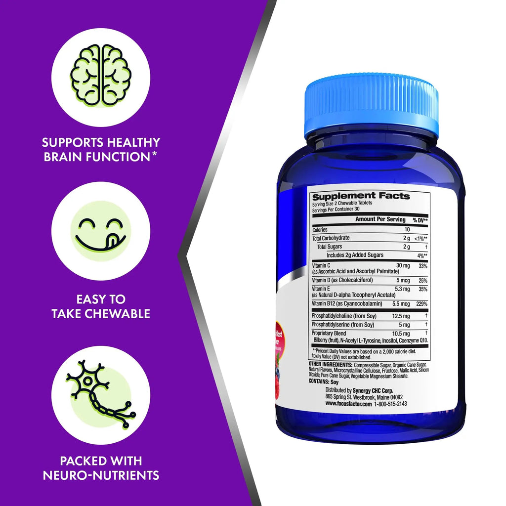 Focus Factor Kids Complete Daily Chewable Vitamins: Multivitamin & Neuro Nutrient (Brain Function) w/Vitamin B12, C, D3-60 Count Focus Factor Au supplements