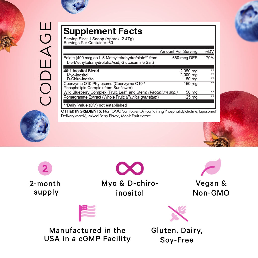 Codeage Liposomal Ovarian Inositol Powder - Myo-Inositol & D-Chiro-Inositol 40:1 Blend, Folate 5-MTHF, CoQ10, Pomegranate & Wild Blueberry - 2-Month Supply - Mixed Berry Flavor - Non-GMO, 60 Servings Codeage Au supplements
