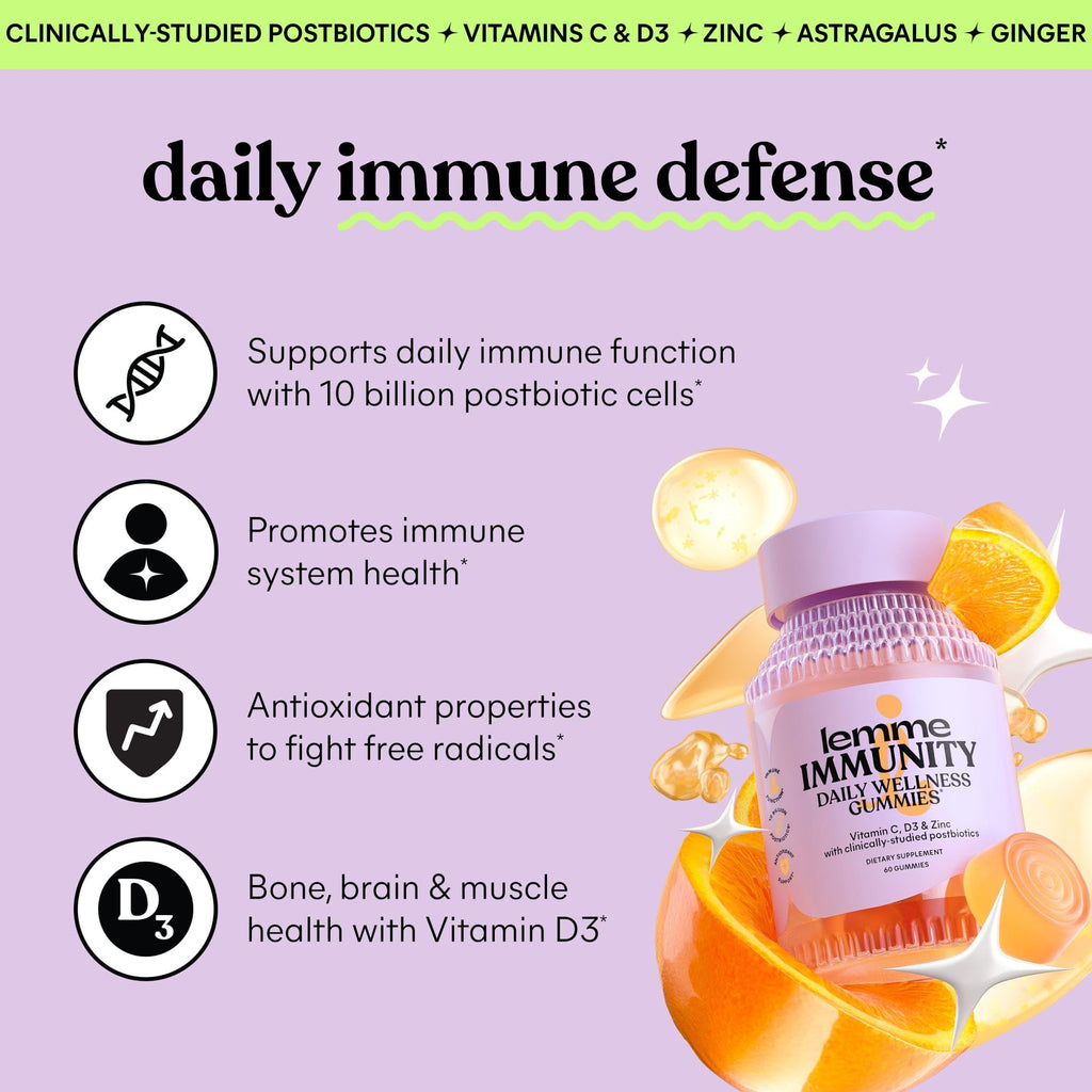Lemme Immunity Postbiotic Gummies with Vitamin C, Vitamin D (2000 IU), Zinc, 10 Billion Postbiotic Cells, Astragalus for Immune Support - Vegetarian, Gluten Free, Sweet Orange (60 Count) Lemme Au supplements