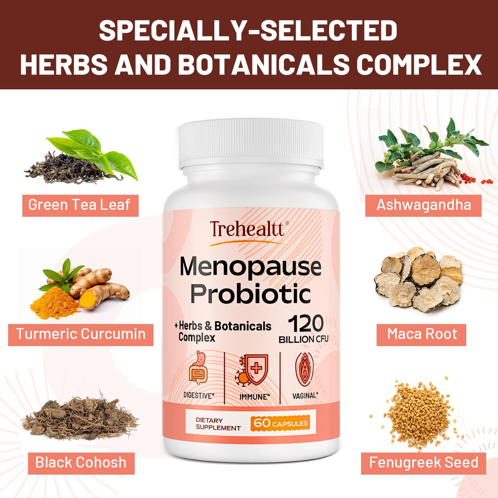 Menopause supplements for women, 120 Billion CFU Probiotic, 13-in-1 Herbs & Botanicals Complex, for Hormone Menopause, Hot Flashes, Night Sweats, Mood Swings, Sleep Disturbances, Vegan, 60 Capsules Trehealtt Au supplements
