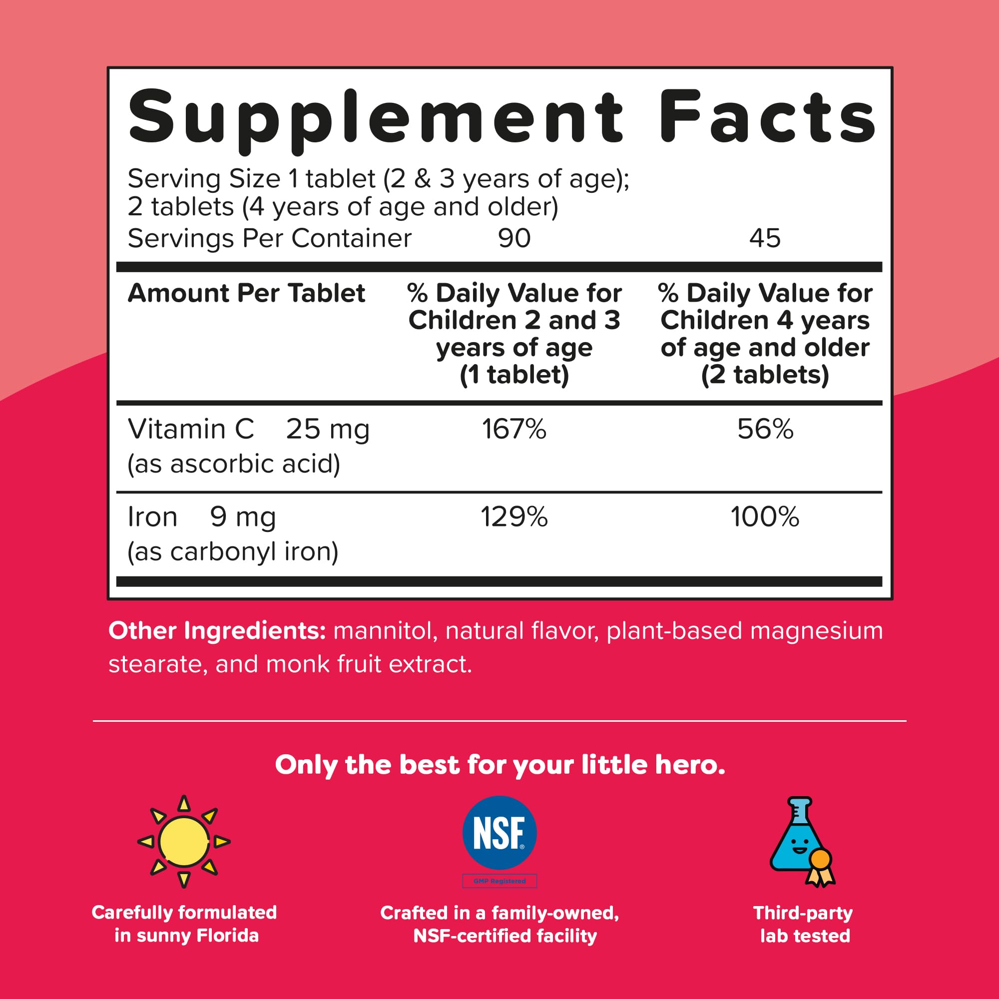 Renzo's Iron Supplements for Kids, Dissolvable Vegan Kids Iron Supplement with Vitamin C, Sugar-Free Melty Tabs
