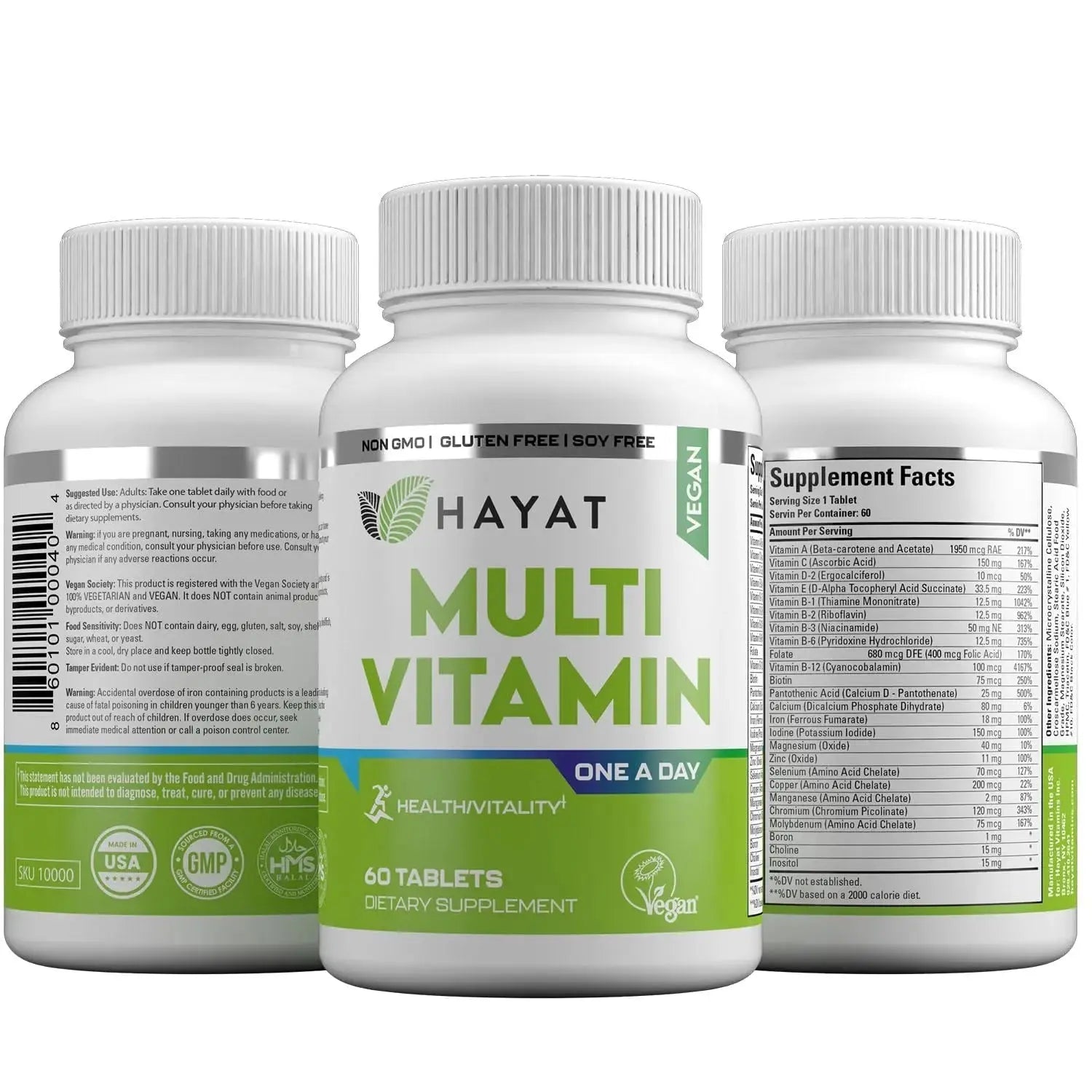 HAYAT Vitamins Vegan Natural Multivitamin, Daily Vitamins with Vitamin A, C, D, E, B1, B2, B3, B6, B12, Biotin, Zinc and More, 2 Month Supply, All Natural HAYAT Au supplements