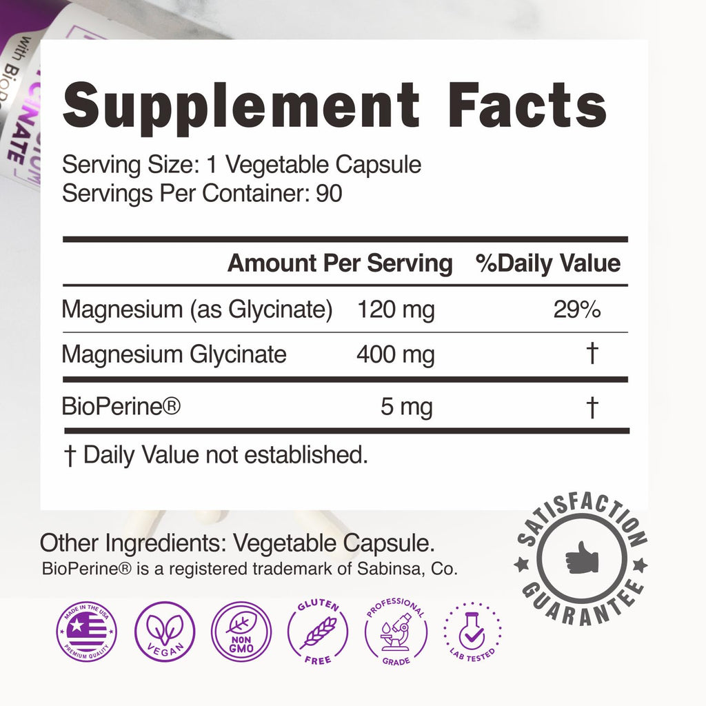 Pure Magnesium Glycinate 400mg - 5X Higher Absorption - Support Stress Relief, Sleep, Bone Health - 100% Chelated - Pure Magnesium Supplement