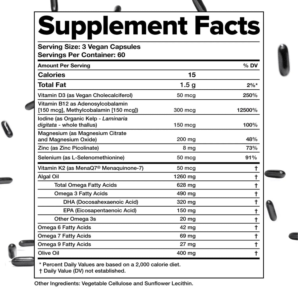 Complement Essential Vegan Multivitamin for Men & Women (60 Servings, 180 Capsules) with Omega-3 DHA & EPA, B12, Vitamin D3 & K2 Complement Au supplements