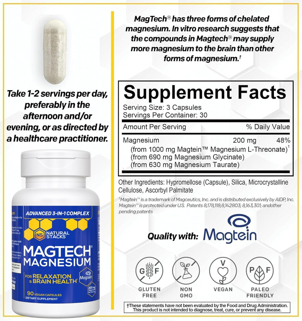 Magtech Magnesium Capsules + Hydration Creatine Powder Lemon Lime Bundle - 3 Forms of Magnesium - Featuring Magtein L-Threonate - Brain Health & Hydration Support* - 44 Total Servings NATURAL STACKS Au supplements