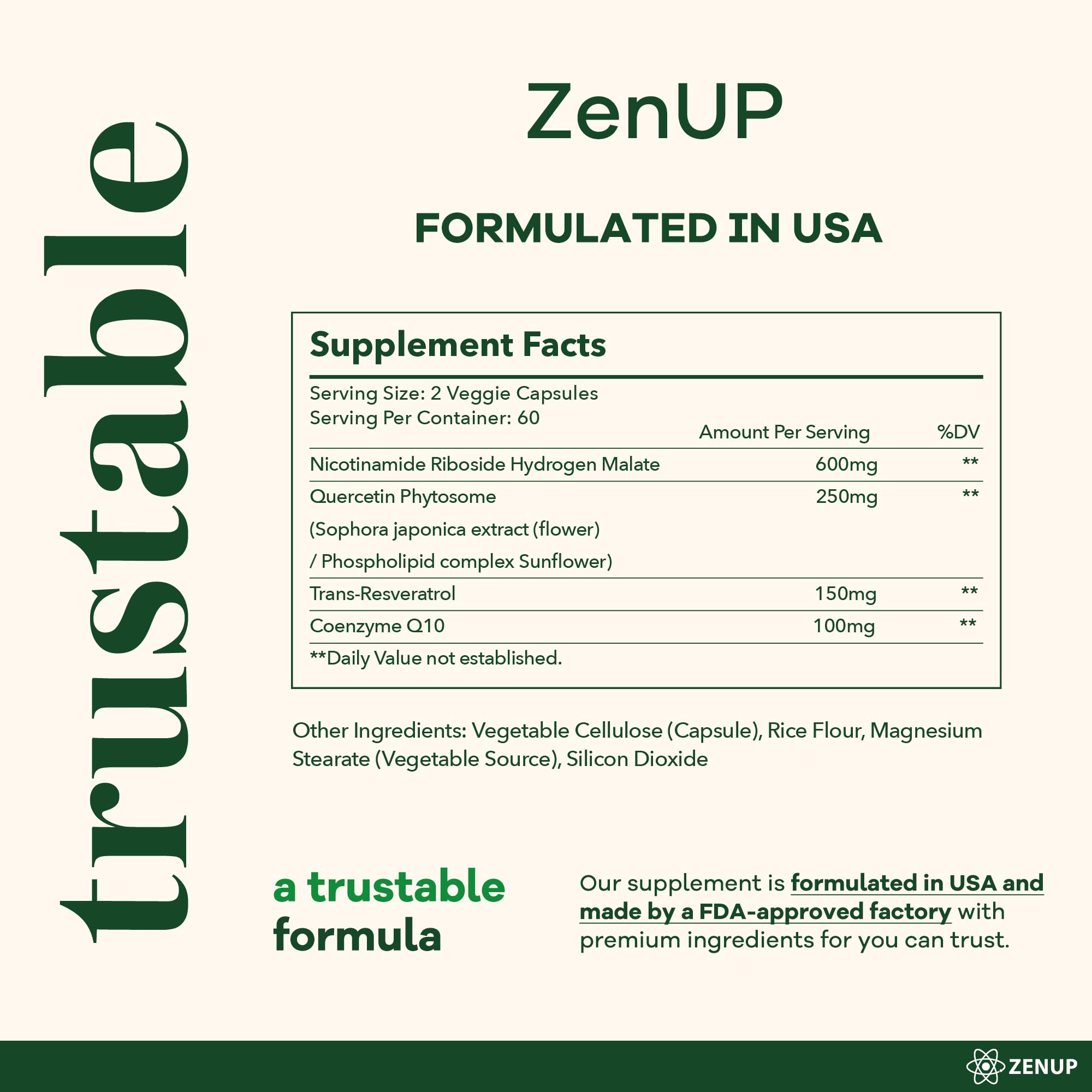 ZenUP NAD+ Supplement | 1100mg Liposomal Nicotinamide Riboside with Resveratrol & Quercetin | Anti-Aging, Cellular Energy, Mental Focus | 120 Caps ZenUP Au supplements
