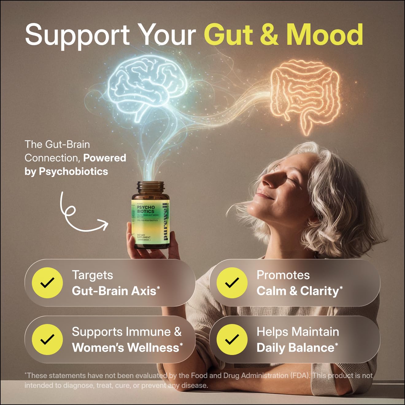 PUREWELL SCIENCES Psychobiotics – Advanced 3-in-1 Probiotic Prebiotic Postbiotic Supplement for Gut and Mood Support - 60 Vegan Probiotic Capsules – 50 Billion CFU – 1-Month Supply PUREWELL SCIENCES Au supplements