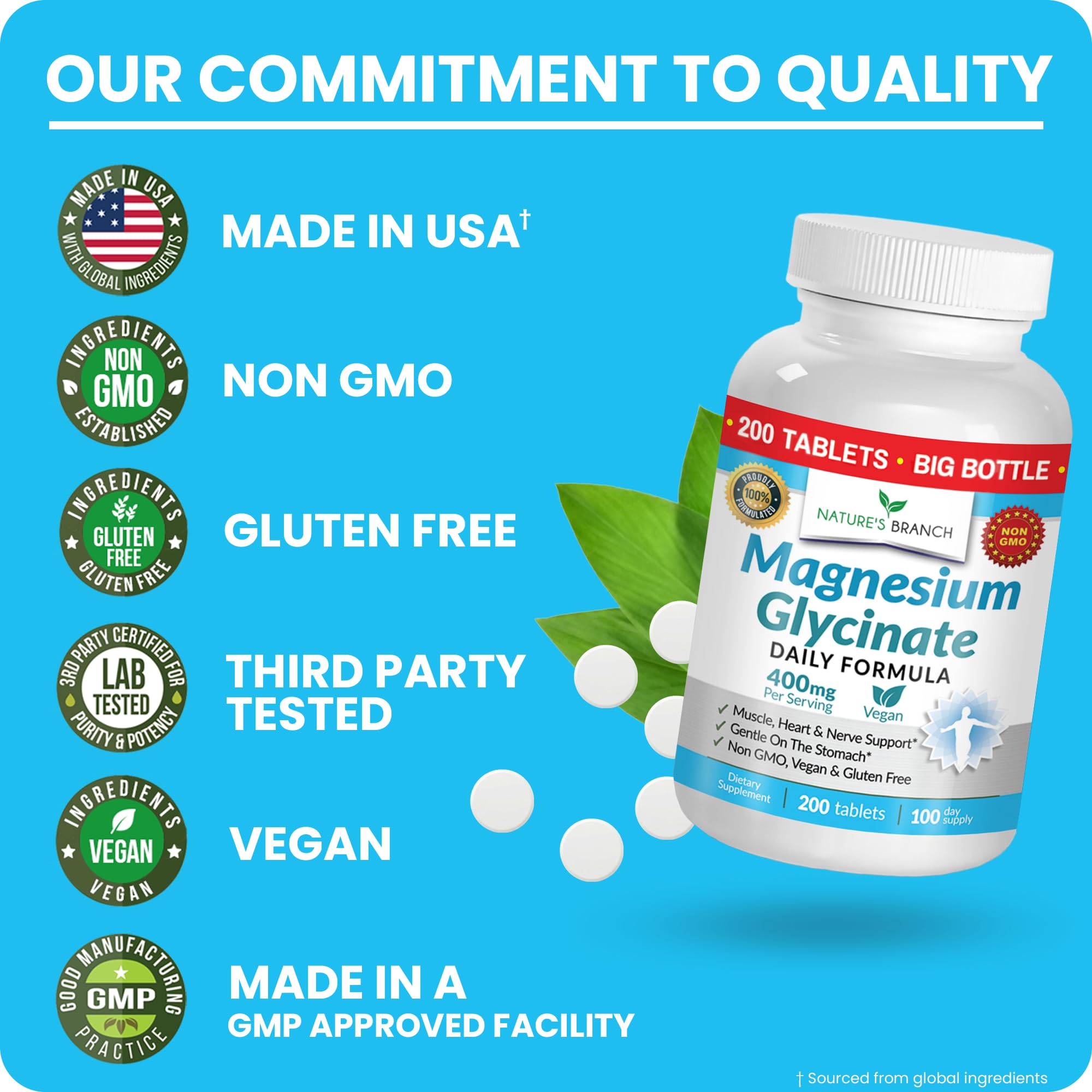 Magnesium Glycinate 400mg | 200 Tablets | High Absorption Mag Supplements for Sleep, Leg Cramps, Heart, Muscle, Calm | Non Buffered Bisglycinate, Extra Strength for Women and Men, Tablets Not Capsules NATURE'S BRANCH Au supplements