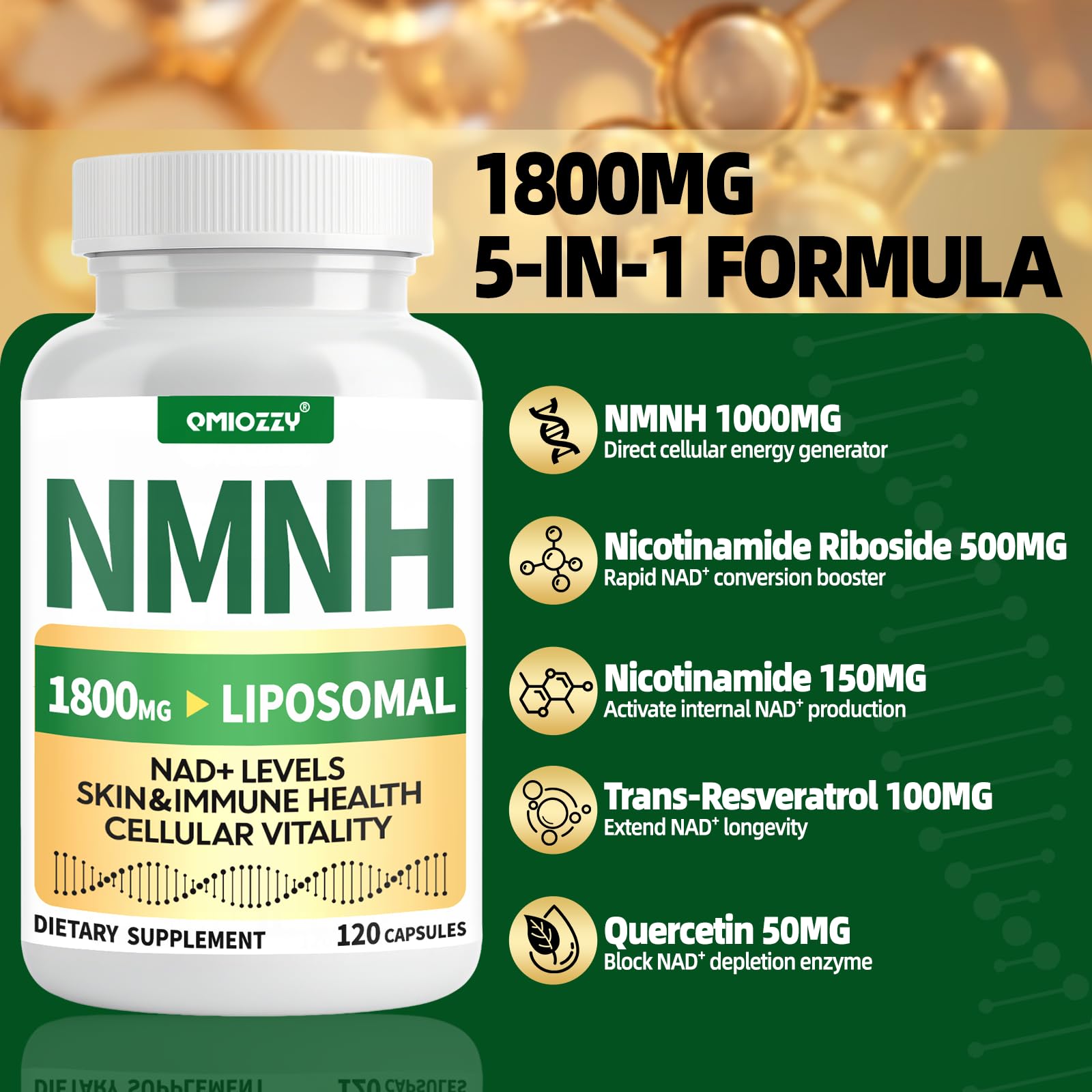 NMNH Supplement 1000mg - Nicotinamide Mononucleotide Alternative, Boost NAD+ with Liposomal Resveratrol & Nicotinamide Riboside NR, for Healthy Cellular, Aging, Energy, 120 Vegan Non-GMO Capsules Qmiozzy Au supplements