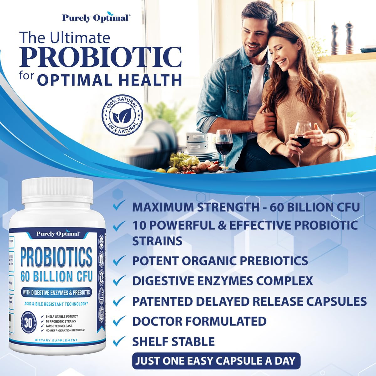Purely Optimal Probiotics for Digestive Health, 60 Billion CFU – Delayed-Release with Digestive Enzymes & Organic Prebiotics – Bloating, Immune & Energy Support, 30 Caps Purely Optimal Au supplements