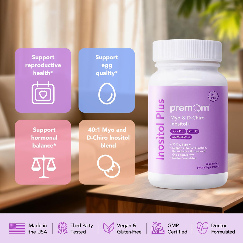 Premom Inositol Plus - 2000mg Myo-Inositol & 50mg D-Chiro Inositol, CoQ10, Folate & Vitamin D3-40:1 Ratio - Supports Hormonal Balance, Ovarian & Reproductive Health - 30 Day Supply Premom Au supplements
