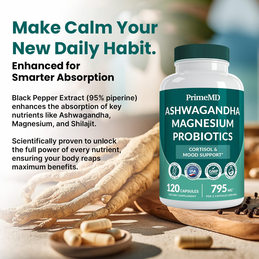 5-in-1 Cortisol Supplement for Women and Men with Ashwagandha for Calmness, Focus, and Adrenal Support Supplements with Shilajit Extract, Magnesium Glycinate, Probiotics (120 ct) (Pack of 1) PrimeMD Au supplements