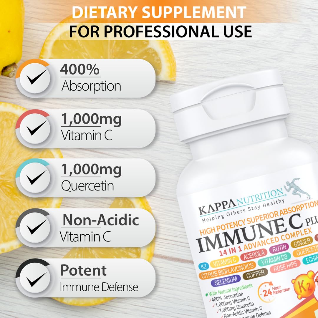 Quercetin 1,000mg, Vitamin C 1,000mg, Zinc 50mg, Vitamin D3 5,000iu, Selenium, Copper, Acerola, Ginger, Rutin, Bitter Orange, Rose Hips, Echinacea, Immune C Plus, 14 in 1 Immune C Plus (60 Count) KAPPA NUTRITION Au supplements