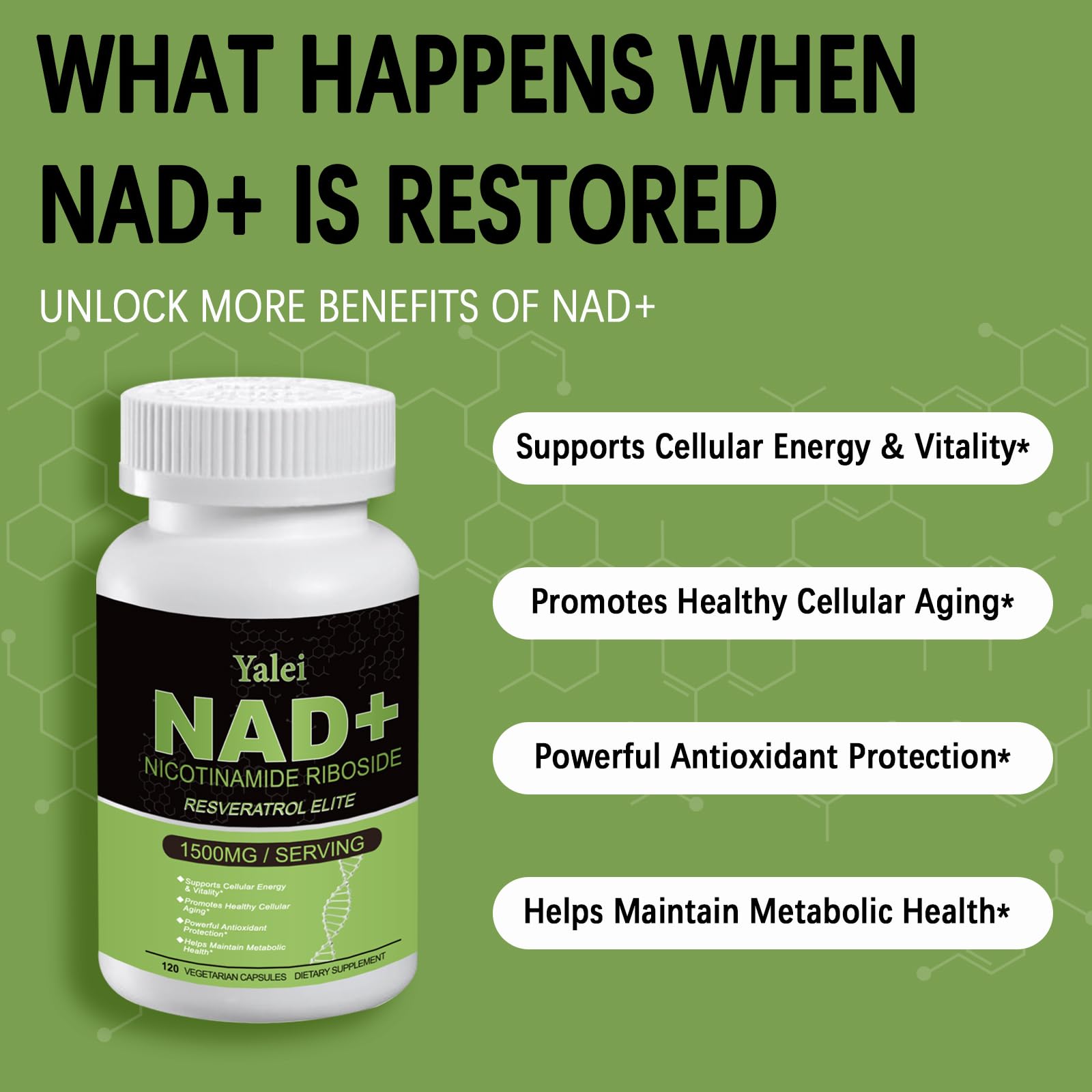 Yalei NAD Resveratrol Supplement 1500mg,120 Veggie Capsules | Liposomal NAD Plus Boosting | Support Cellular Health, Stamina & Healthy Aging for Women & Men | Non-GMO Yalei Au supplements