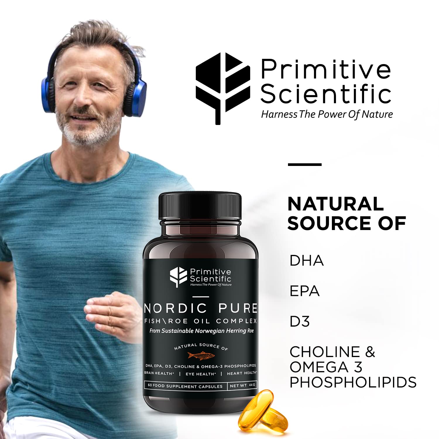 Primitive Scientific Nordic Pure Oil Complex (60 Fish Oil Capsules) for Brain, Immunity & Vision - Heart Supplement w/EPA, DHA, Vitamin D3, Choline - Omega 3 Supplements Primitive Scientific Au supplements