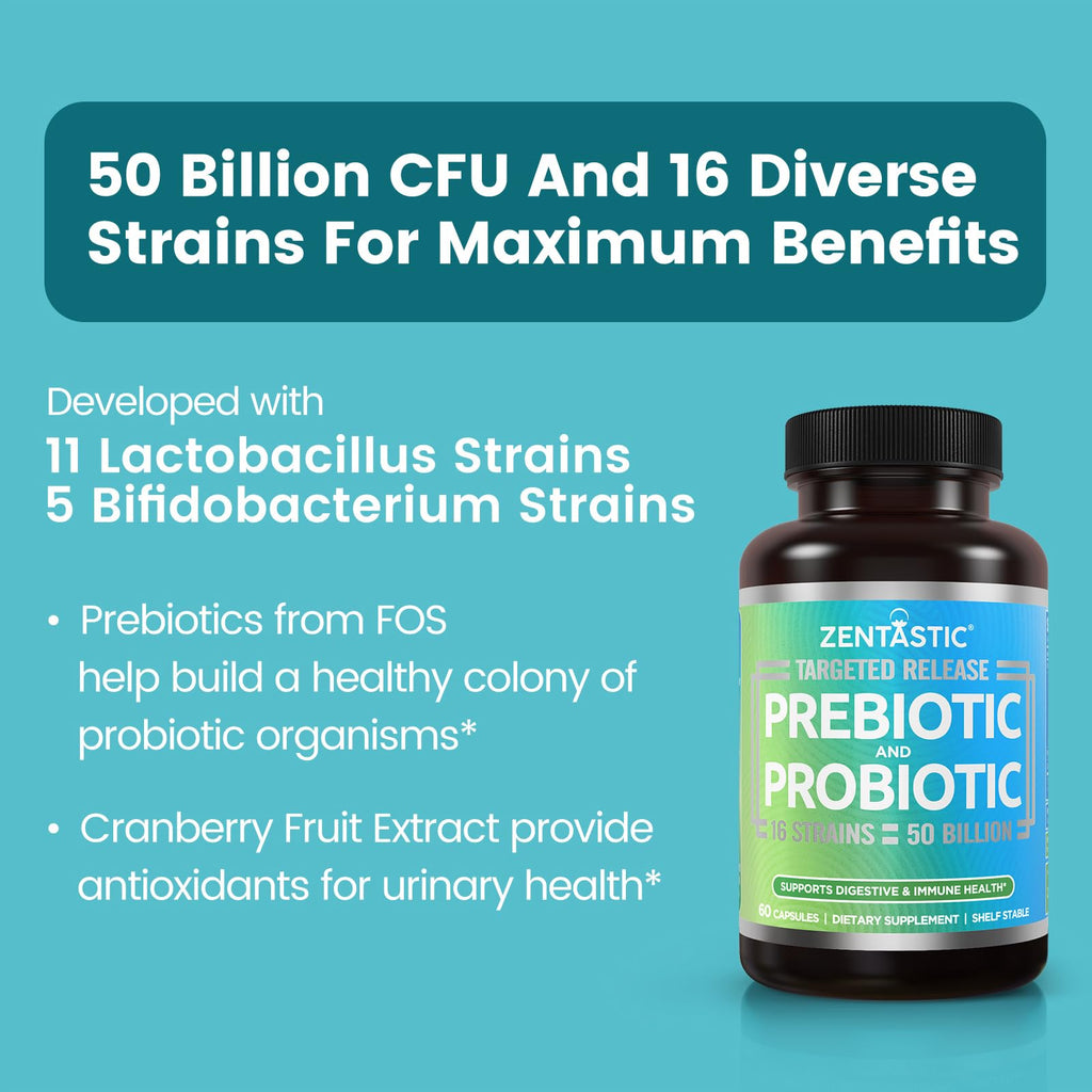 Zentastic Probiotics & Prebiotics Supplement - 50 Billion CFU - for Men & Women’s Immune & Digestive Health - 16 Strains - Shelf Stable