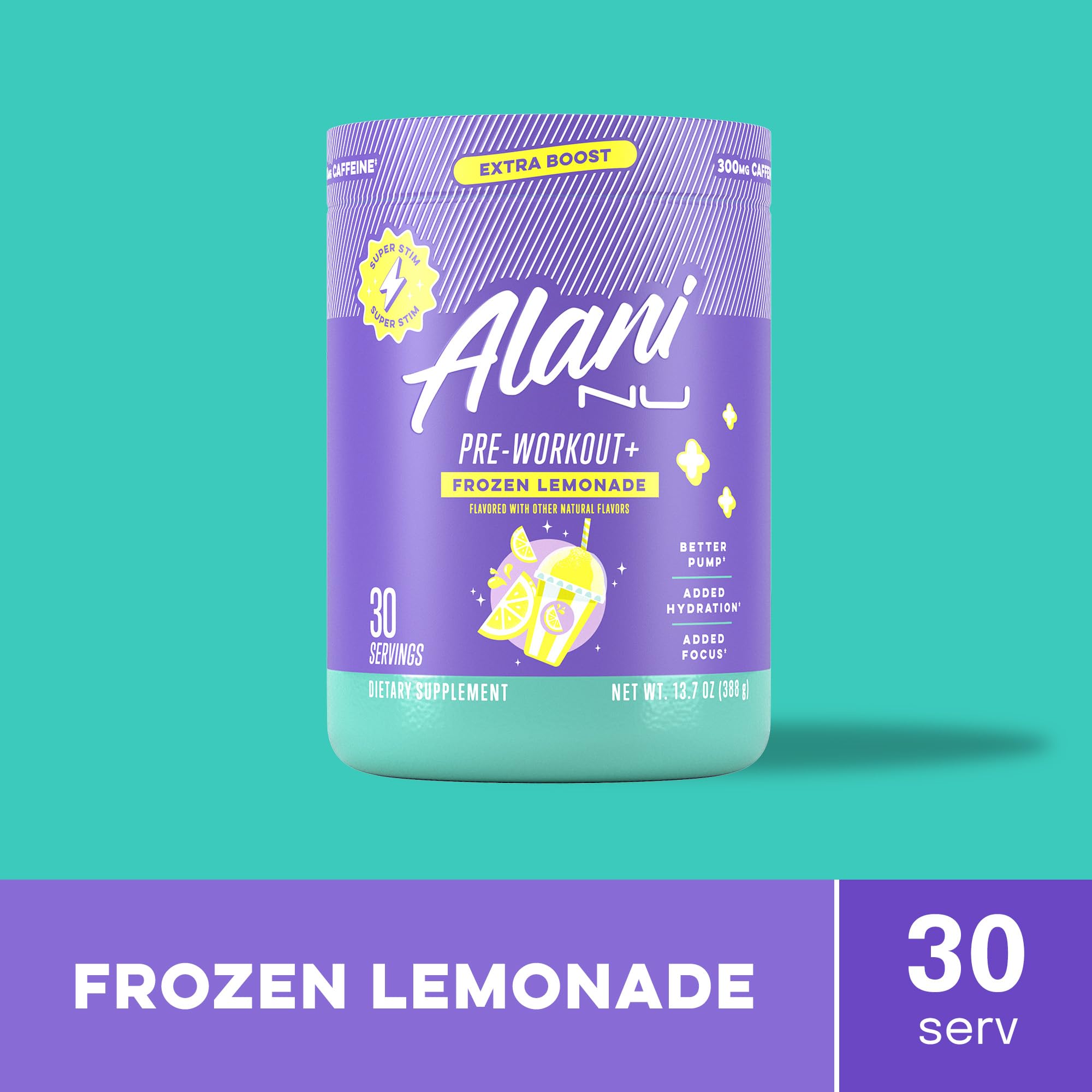 Alani Nu Pre Workout+ Powder Frozen Lemonade, Extra Boost, Sugar Free, 300mg Caffeine, L-Theanine, Beta-Alanine, Citrulline, 30 Servings