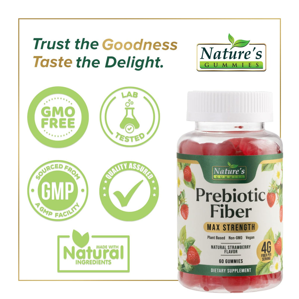 Prebiotic Fiber Gummies - 4g Dietary Fiber Per Serving - Extra Strength Daily Supplement for Adults - Tasty Strawberry Flavor - Plant Based Digestive