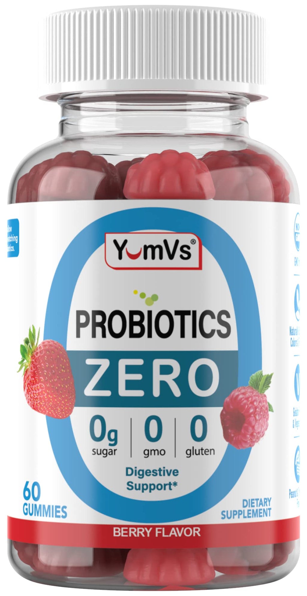 YUM-V'S Sugar Free Probiotic Gummies - Probiotics for Men & Women to Help Support Digestive Function – Adults & Kids Probiotic with 5 Billion CFU Bacillus Coagulans – Vegan & Gluten-Free (60 Count)