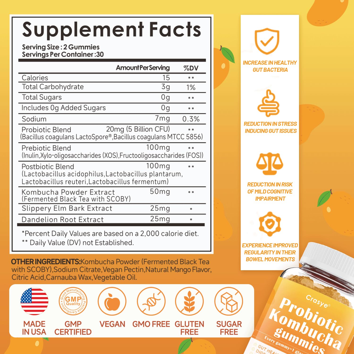 Crasye Probiotic Kombucha Gummies Sugar Free Prebiotic Postbiotic Probiotics Gummies with Slippery Elm for Women and Men Bloating Gut Health Immune and Digestive Support - 60 Gummies - 30 Servings Crasye Au supplements