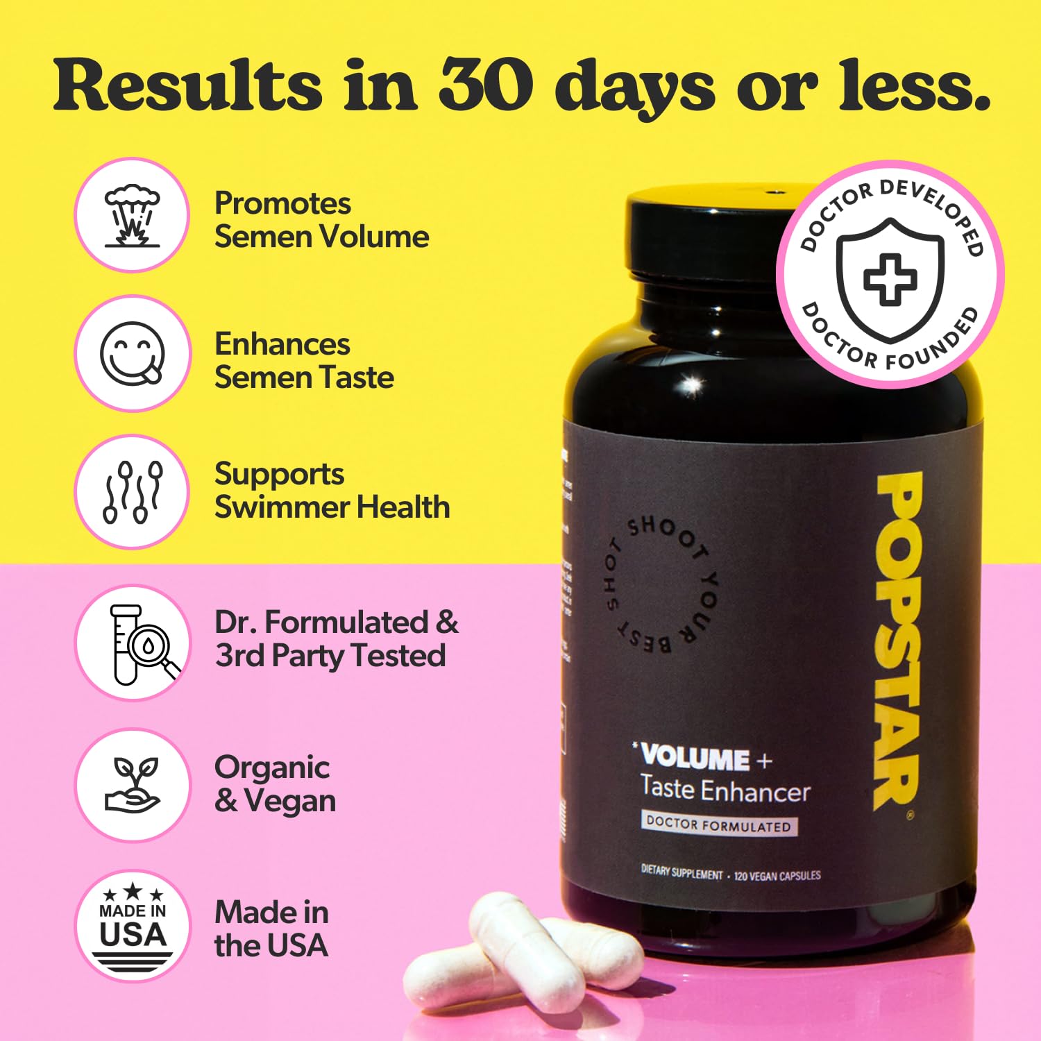 POPSTAR Labs Semen Volume Booster - Men's Semen Health & Fertility Supplement - Doctor Formulated to Increase Load Volume - Made in USA - Non-GMO, Organic