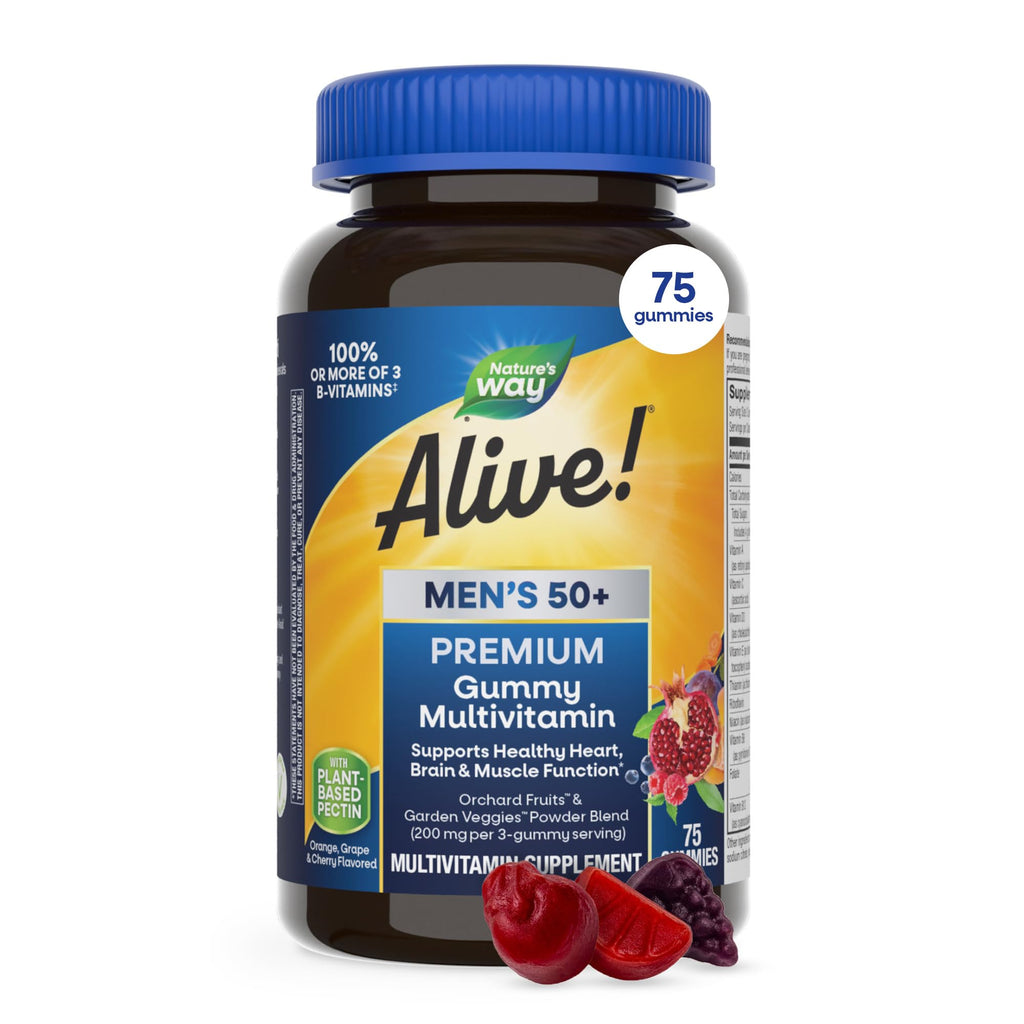Nature’s Way Alive! Men’s 50 Plus Premium Gummy Multivitamin, Supports Healthy Heart, Brain & Muscle Function with High Potency B-Vitamins, Vitamin A, C, D3