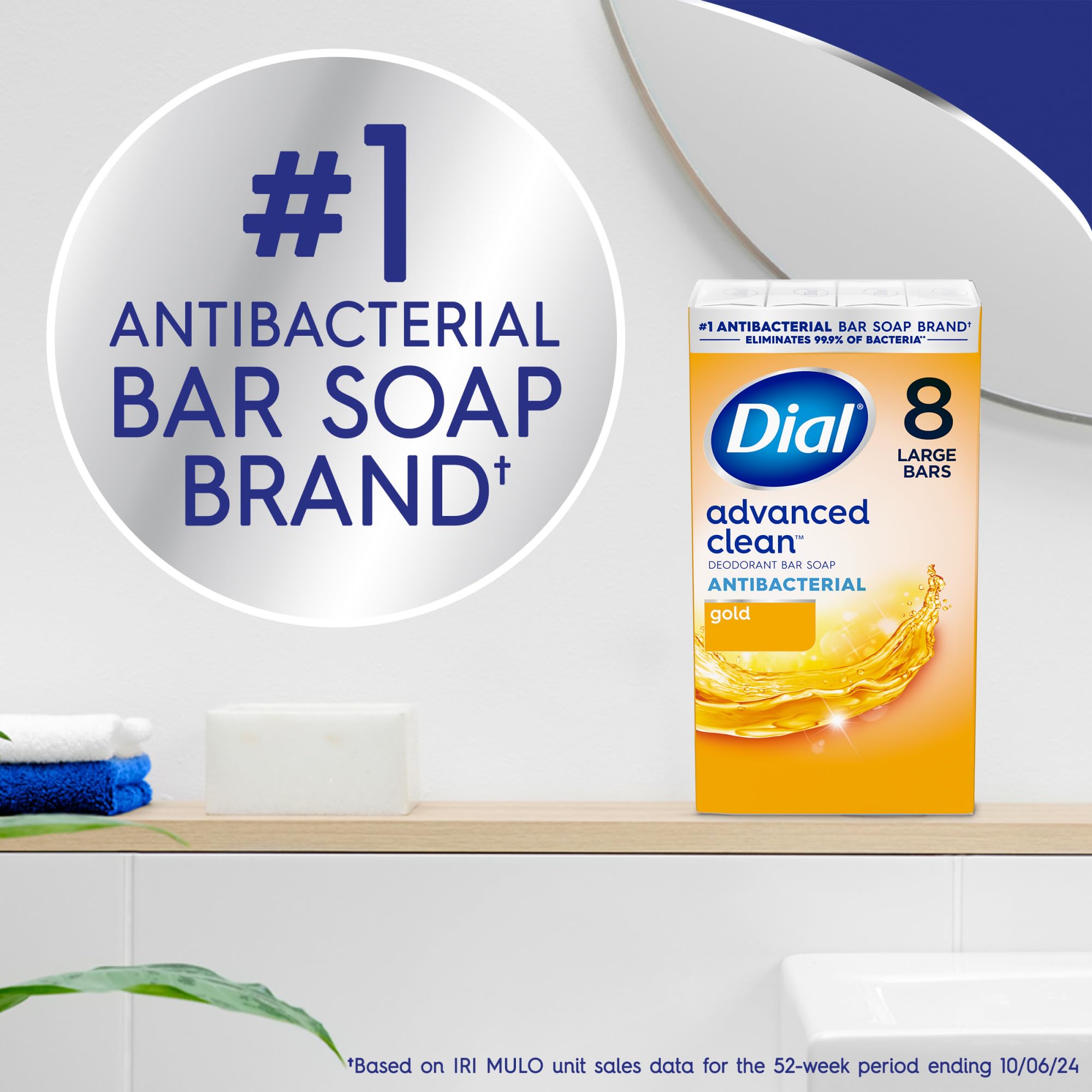 Dial Antibacterial Deodorant Bar Soap, Advanced Clean Gold, 4 Oz, 32 Bars, Round the Clock Odor Protection