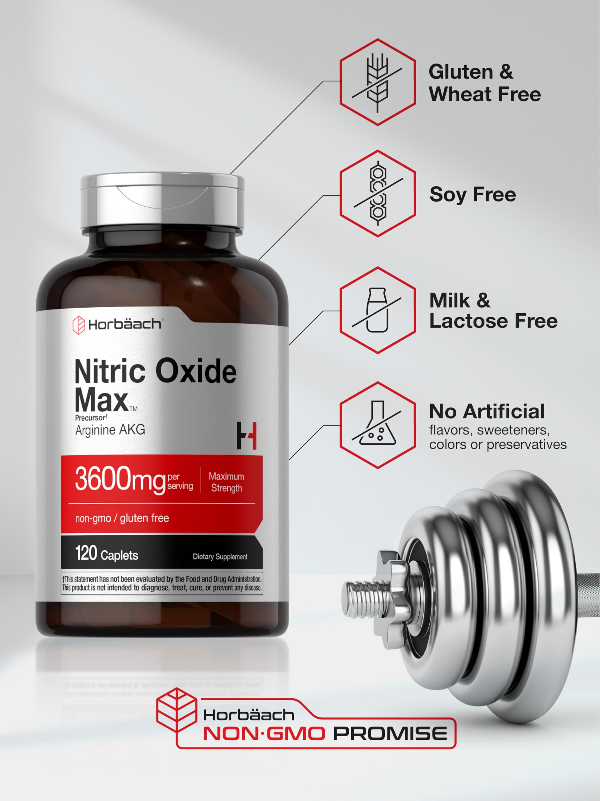 Horbäach Nitric Oxide Max 3600mg | 120 Caplets | with Arginine AAKG for Men and Women | Vegetarian, Non-GMO