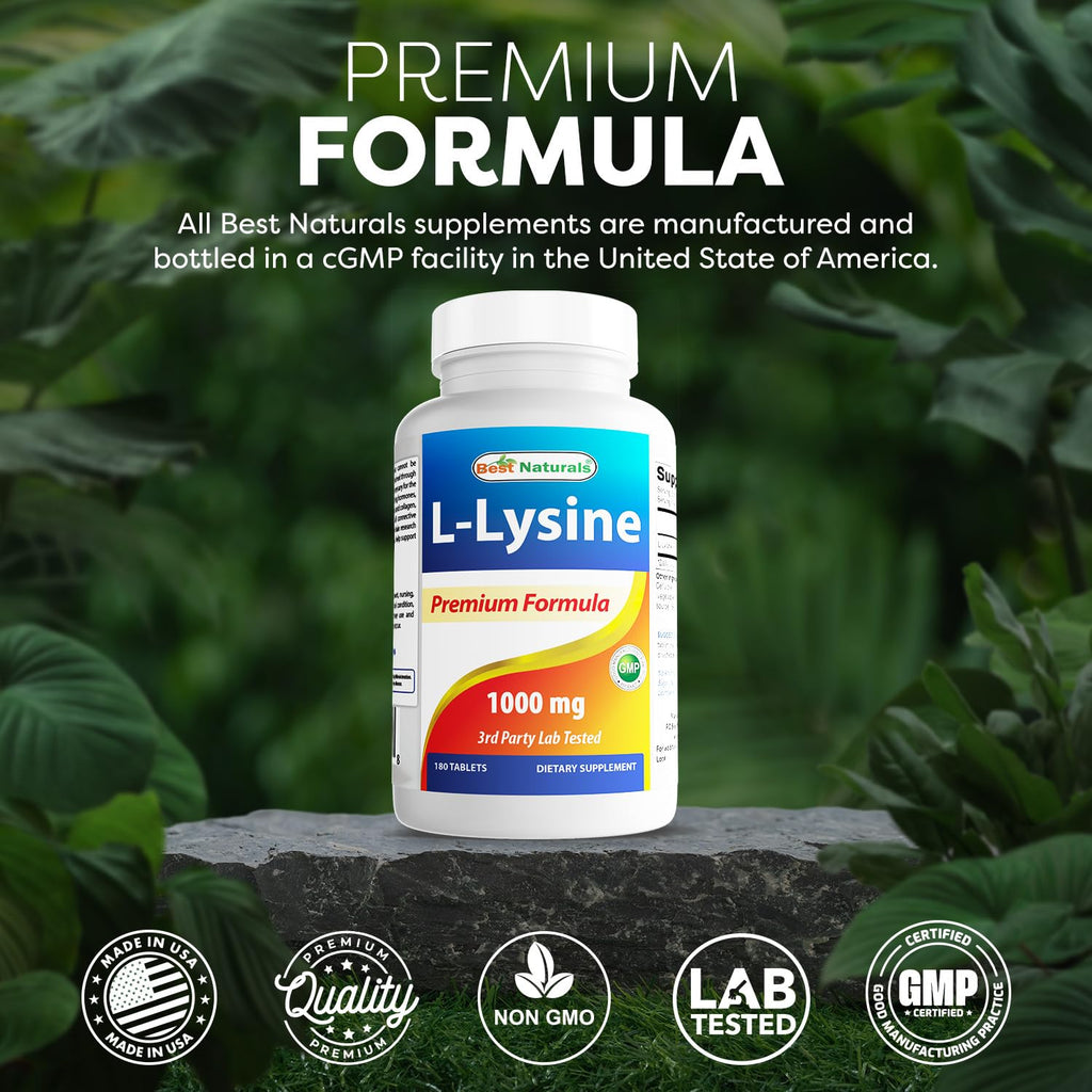 Best Naturals L-Lysine 1000mg 180 Tablets - Double Strength Lysine for stronger immune health & cold sores