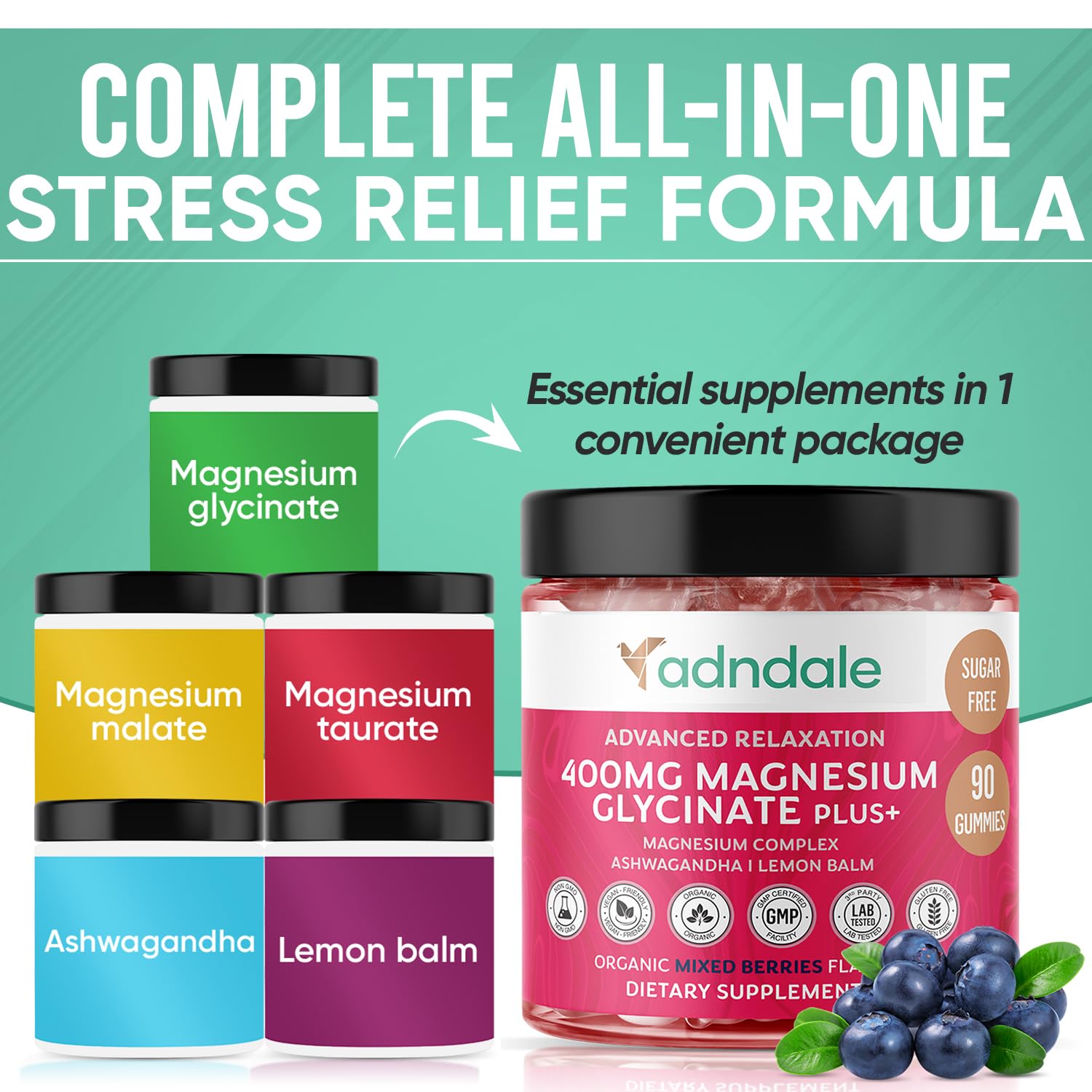Adndale 180 CT Magnesium Glycinate Gummies 400 mg/Serv with Ashwagandha, Magnesium Malate & Taurate