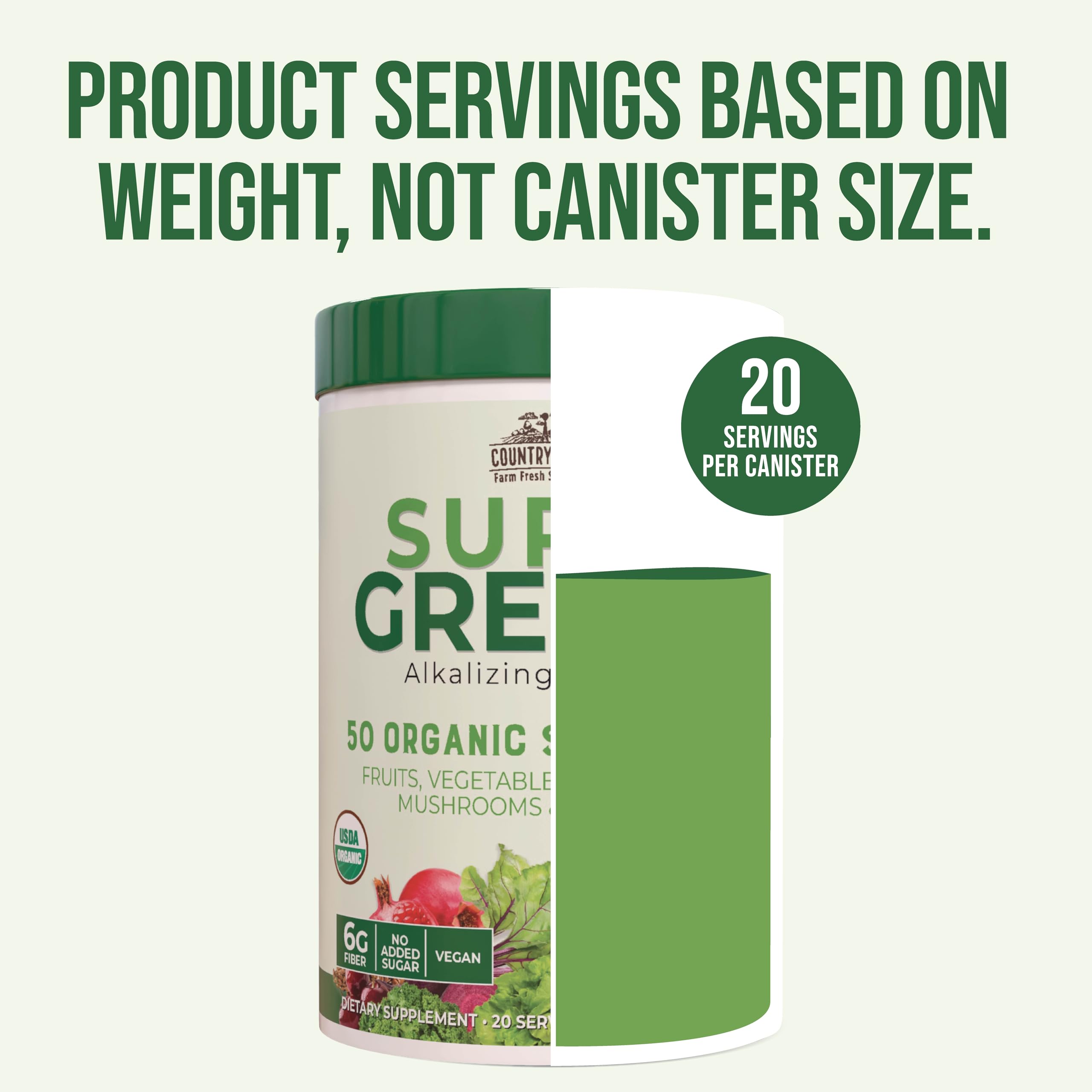 Country Farms Organic Super Greens Natural Flavor, 50 Organic Super Foods, Packed with Fiber, USDA Organic Drink Mix, Fruits, Vegetables, Mushrooms & Probiotics