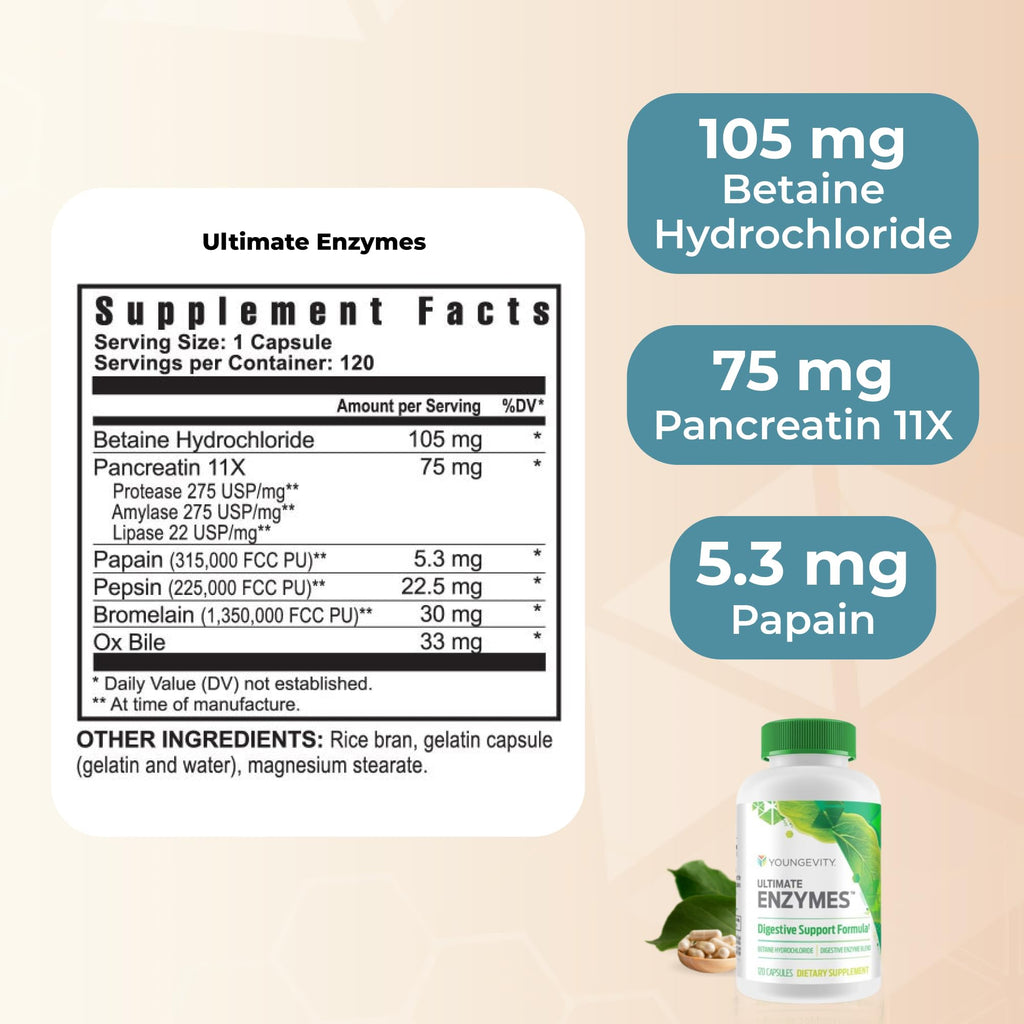 Youngevity Ultimate Enzymes® - Multi Enzymes for Digestion, Gas & Bloating Relief - Betaine HCl, Ox Bile, Pancreatine 10X, Papain 6M, Pepsin 1:3000 (120 Capsules)