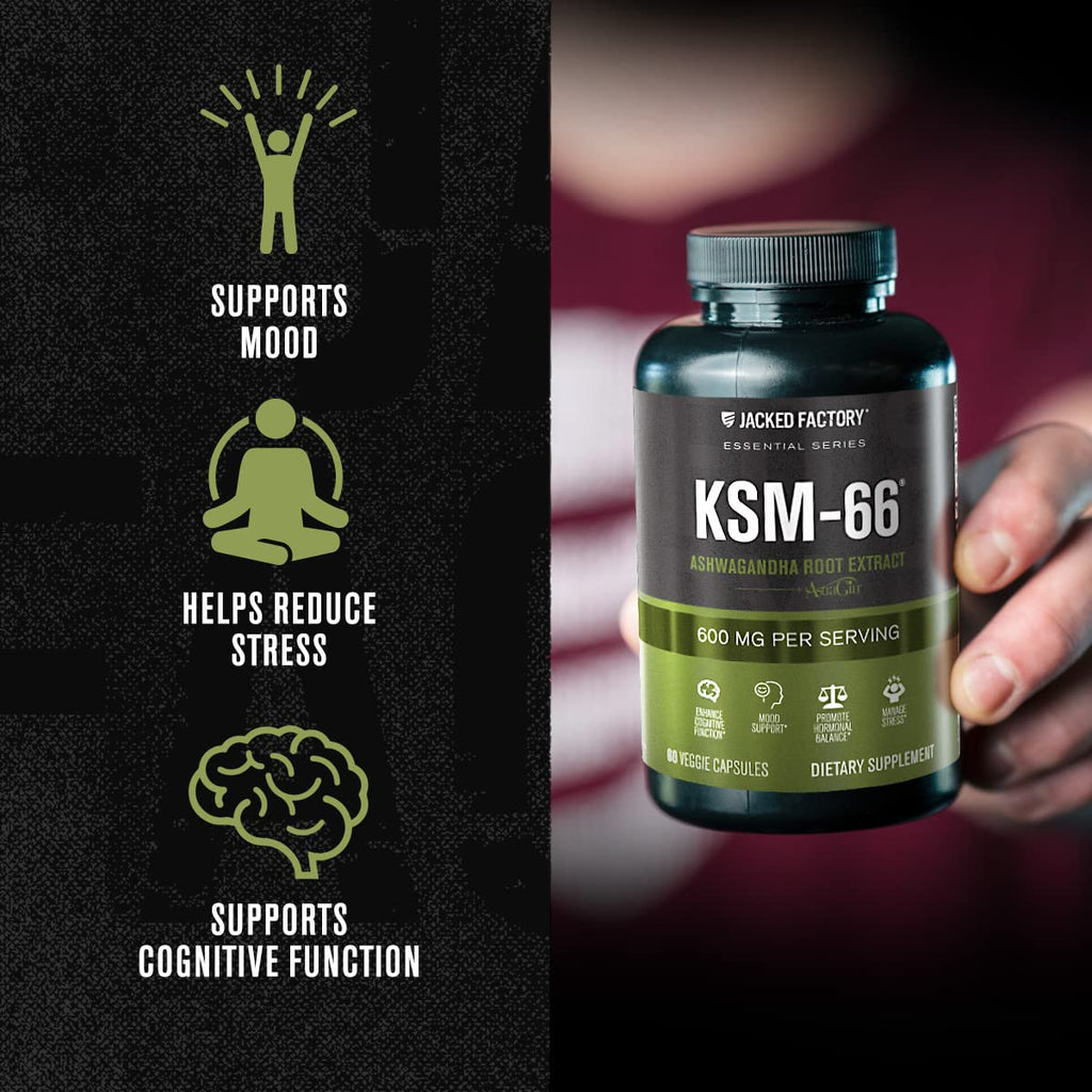Jacked Factory Ashwagandha Root Extract (KSM-66 Ashwagandha) w/ 5% Withanolides - Supplement for Natural Stress Relief, Cognitive Function, Vitality, and Mood Support - 60 Veggie Capsules Jacked Factory Au supplements