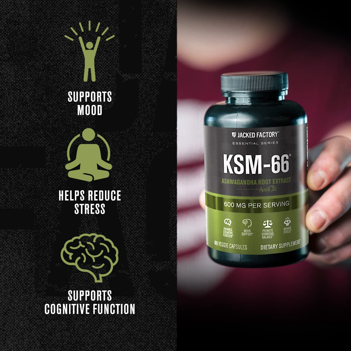 Jacked Factory Ashwagandha Root Extract (KSM-66 Ashwagandha) w/ 5% Withanolides - Supplement for Natural Stress Relief, Cognitive Function, Vitality, and Mood Support - 60 Veggie Capsules Jacked Factory Au supplements