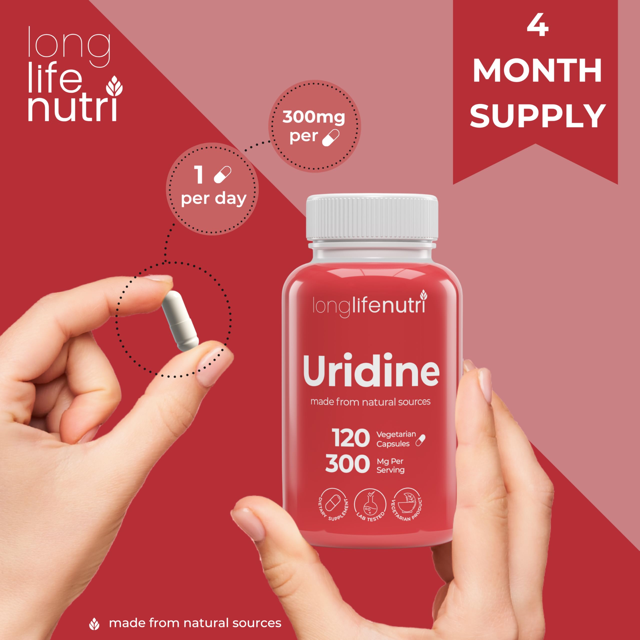 LongLifeNutri Uridine Monophosphate 300mg – Choline Precursor & Synaptic Function, Nootropic for Focus & Mental Performance, 120 Vegetarian Capsules, 4-Month Supply, GMP Certified, Made in USA LongLifeNutri Au supplements