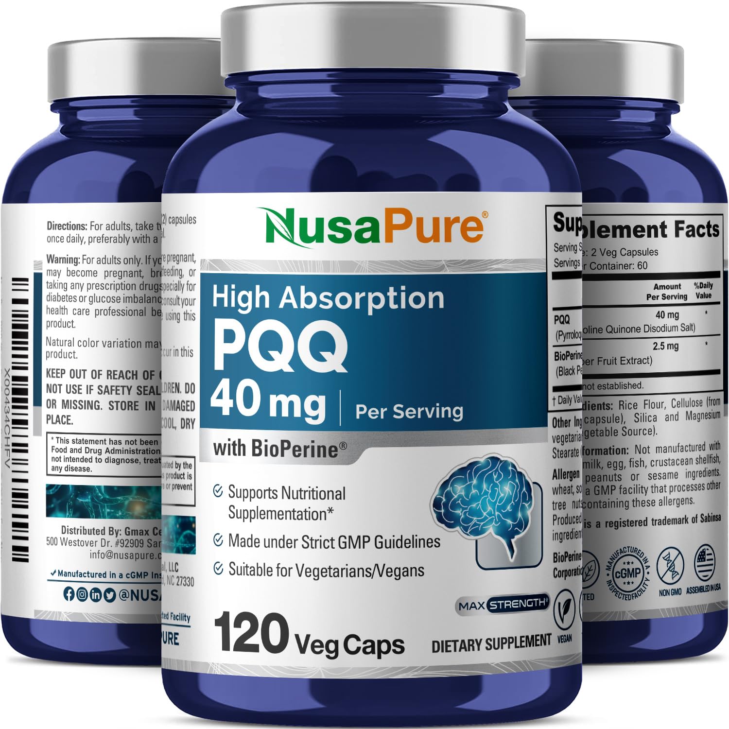 NusaPure PQQ Supplement 40 mg, 120 Veggie Capsules, Non-GMO, Pyrroloquinoline Quinone Disodium Salt, Bioperine & Vegan NusaPure Au supplements