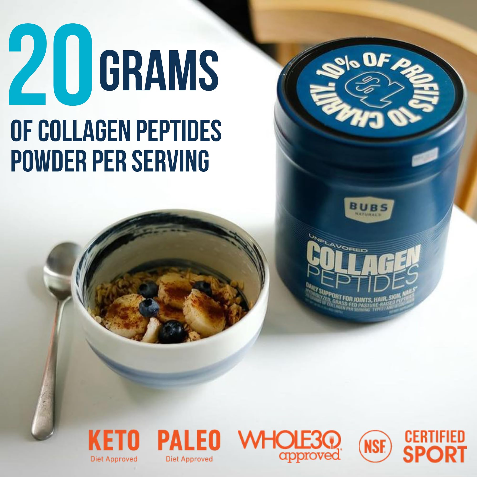BUBS Naturals Collagen Peptides Powder, Collagen for Women & Men, Hydrolyzed Peptides, Unflavored Pasture Raised Grass Fed, Paleo Keto Friendly