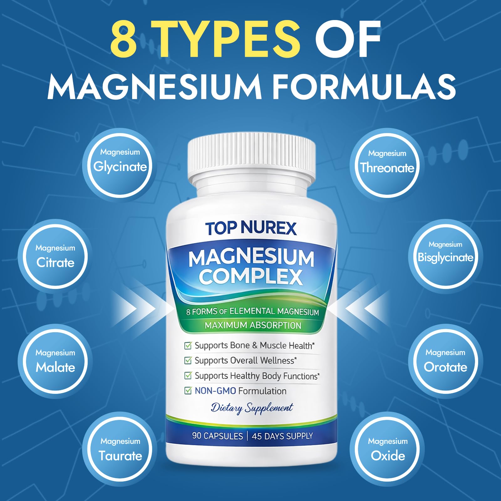 Top Nurex Magnesium Complex 1000 mg, 8-Source Magnesium Blend with Glycinate, Citrate, Malate & Taurate, Vegan Formula, Non-GMO, 90 Capsules Top Nurex Au supplements