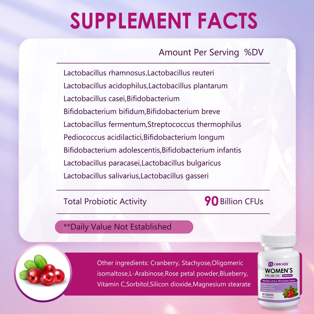 OMOGS Women's Probiotic, with Cranberry Extract, Organic Prebiotics & Vitamin C, 90 Billion CFUs,18 Strains, Help for Boost Immune, Digestive, Gut Health & Women's Health